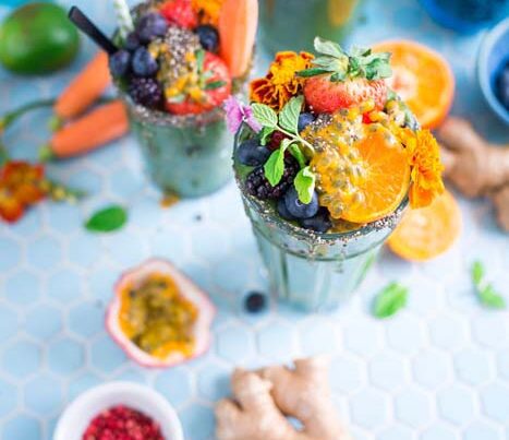 Delicious fruit and green smoothies.