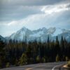 Scenic road through snowy mountains.