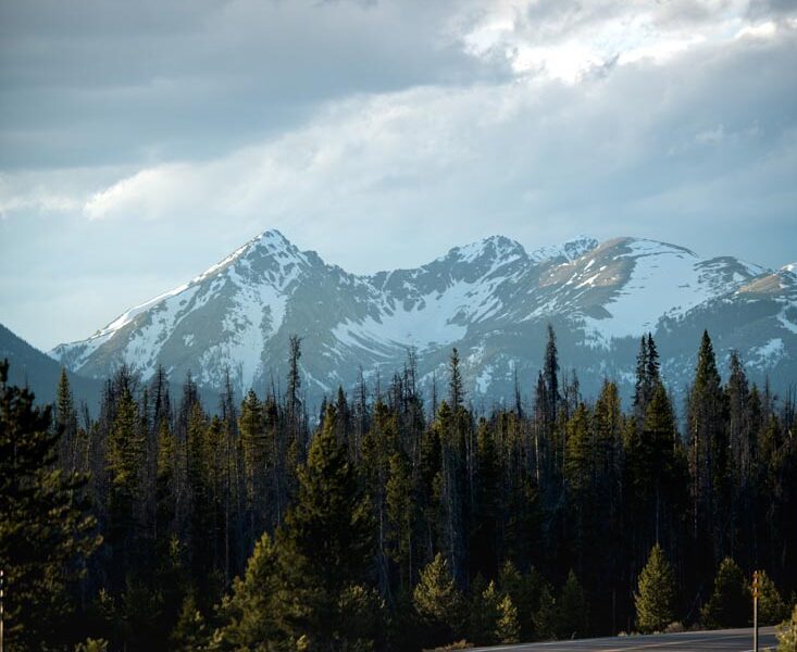 Scenic road through snowy mountains.