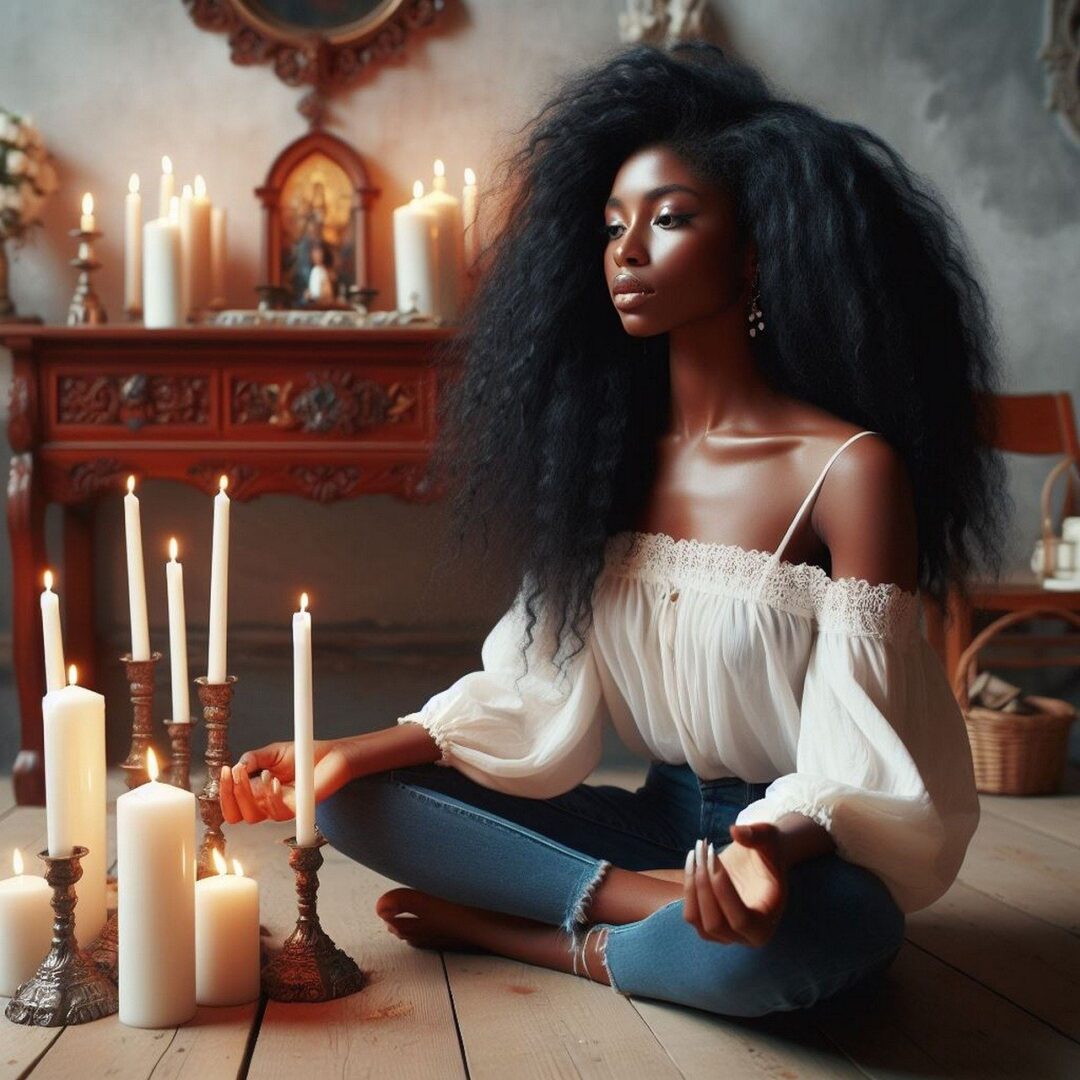 A woman sitting on the floor with candles.